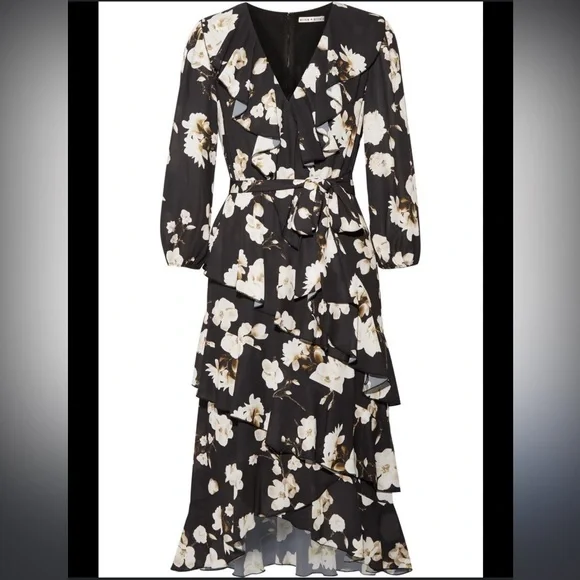 Alice & Olivia Kye Ruffle Floral Print Crepe Midi Dress - Picture 2 of 4